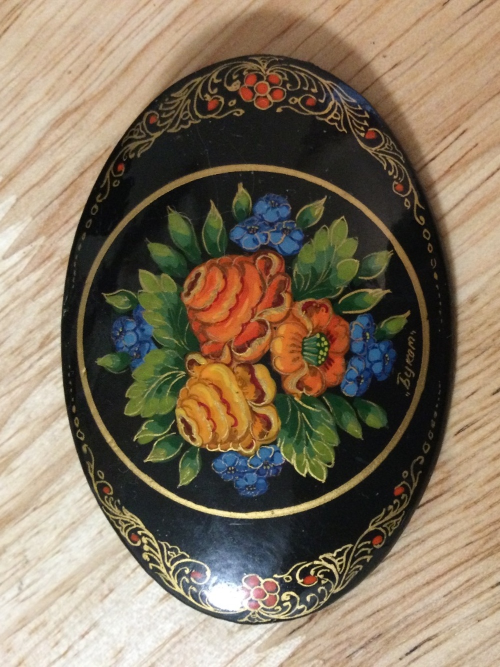 Vintage Handpainted Russian Lacquered Oval Wooden Pin